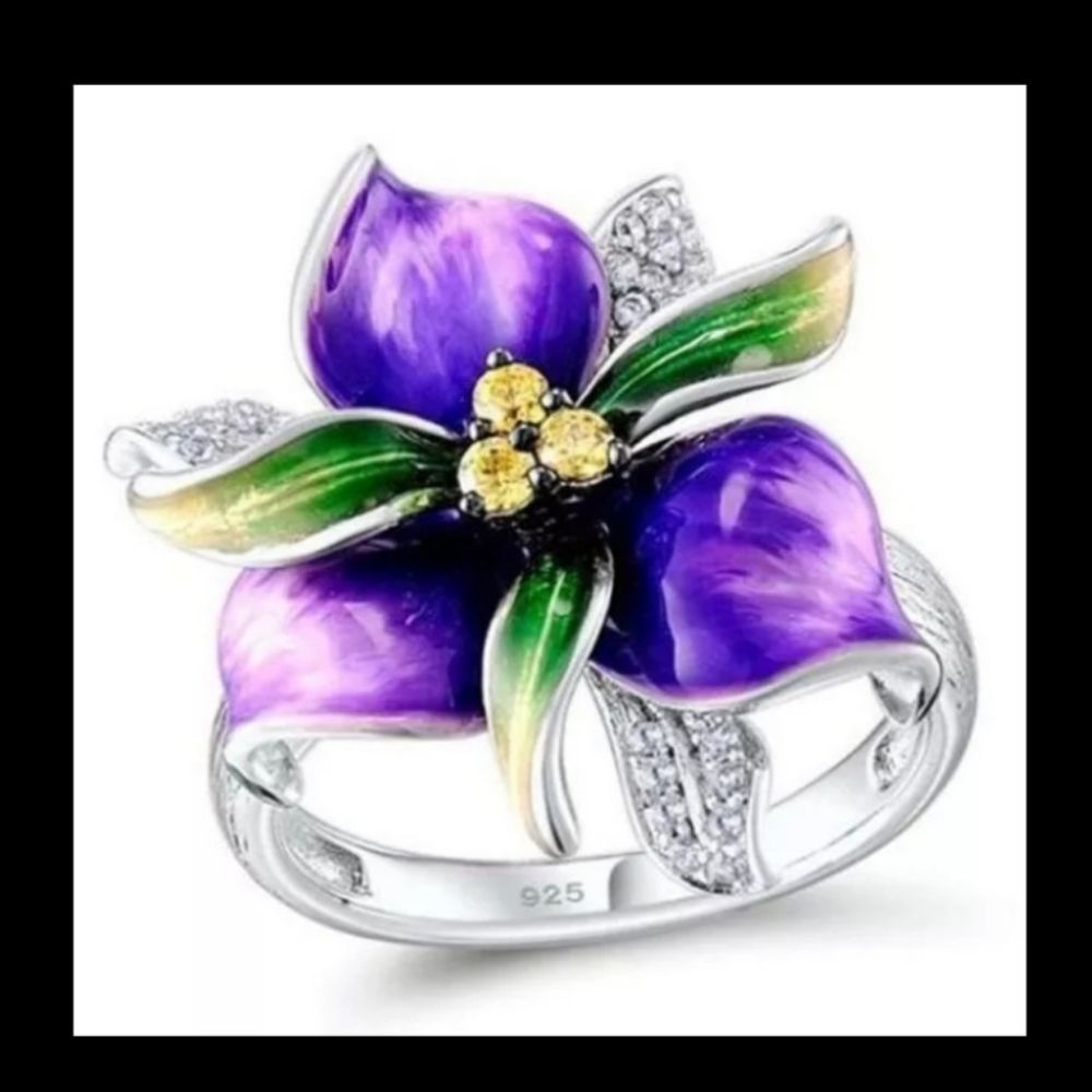 Silver sterling purple enamel flower crystal artisan ring new sz 8